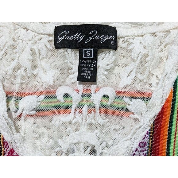 Gretty Zueger Tunic womens Sz S White Bohemian Southwest Lace Sheer colorful - Picture 5 of 9